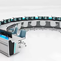 Round Office Desk with Multiple Monitor Screens and Ergonomic Chairs in Control Room Setup