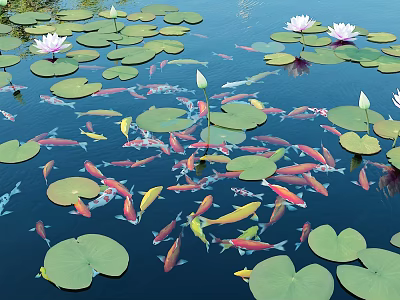 Vibrant Water Lilies And Lily Pads With Colorful Fish In Pond Water 3d model