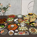 Delicious Assorted Food Spread With Fresh Seafood Grilled Chicken Vegetables Dim Sum Sushi And Flowers