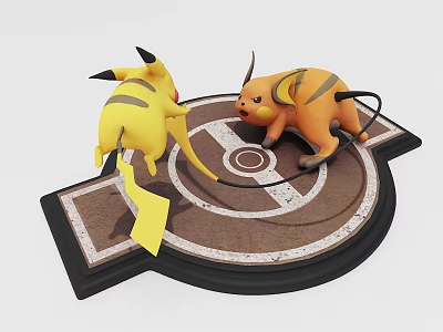 Yellow and Orange Pokémon Toy Figures Standing on Circular Poké Ball Pattern Base 3d model