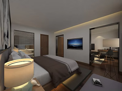 Modern Hotel Guest Room Interior With Comfortable Bed TV And Desk Area 3d model