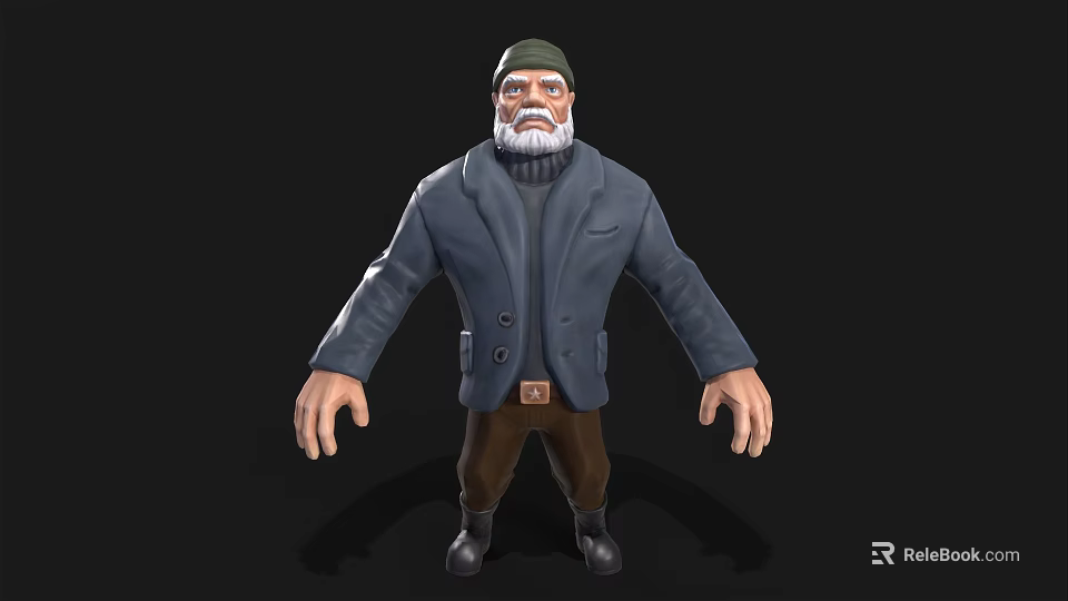 Man With Green Beanie White Beard In Navy Blue Coat And Brown Pants Black Shoes 3d model 