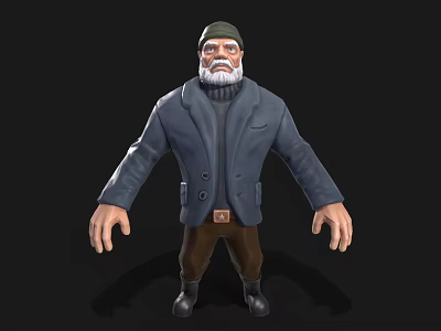 Man With Green Beanie White Beard In Navy Blue Coat And Brown Pants Black Shoes 3d model