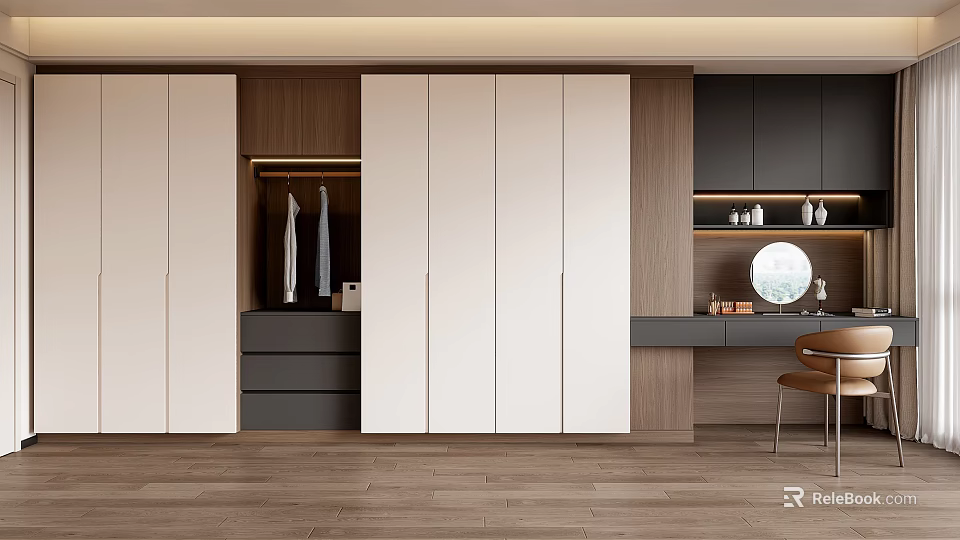 Modern Wardrobe Interior With White Panels Wooden Accents Open Section Dressing Table And Mirror 3d model 