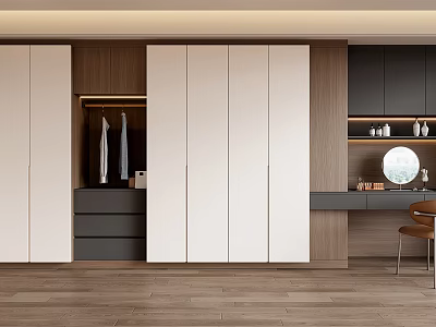 Modern Wardrobe Interior With White Panels Wooden Accents Open Section Dressing Table And Mirror 3d model