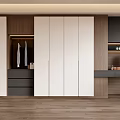 Modern Wardrobe Interior With White Panels Wooden Accents Open Section Dressing Table And Mirror