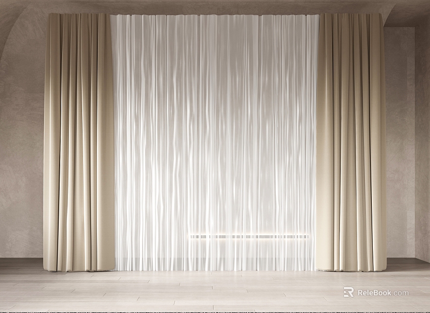 Modern Beige Drapes With White Sheer Curtains In Minimalist Soft Light Interior 3d model 