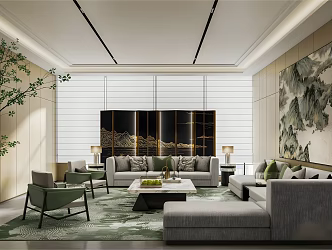 Modern New Chinese Style Sales Office Sofa Coffee Table Combination Lounge Negotiation Room Hanging Painting Ornaments 3d model