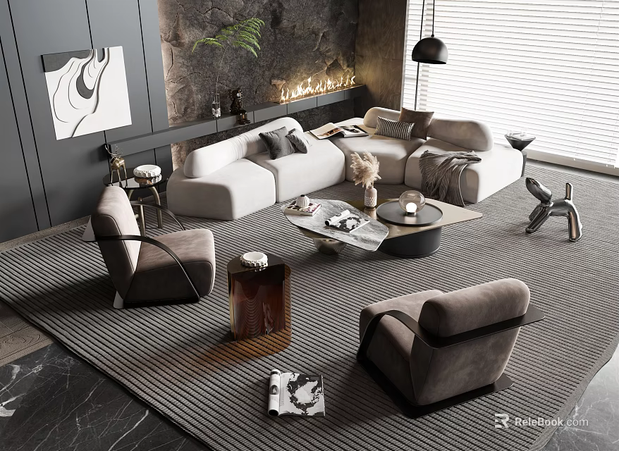Elegant Modern Living Room With White Sofa Round Coffee Table Set And Accent Chairs Decor 3d model 