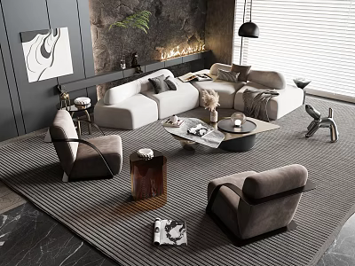 Elegant Modern Living Room With White Sofa Round Coffee Table Set And Accent Chairs Decor 3d model