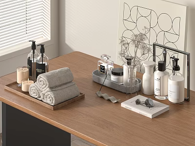 Stylish Bathroom Accessories Display with Towels Scented Candles Dispensers Trays and Dried Flowers 3d model