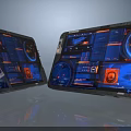Futuristic Metallic Tablets With Advanced Tech Interfaces Blue Orange Screens Data Charts Circular Dashboards