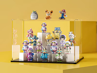 Transparent Display Case Holding Multiple Cartoon Figures With Various Designs Different Colors And Yellow Background 3d model