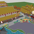 Traditional Chinese Garden Landscape with Golden Roofed Pavilions Pond And Moon View