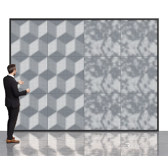 Professional Man Interacting With Large Modular Display Screen Showing Geometric Patterns 3d model 