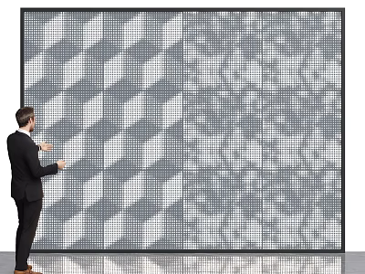 Professional Man Interacting With Large Modular Display Screen Showing Geometric Patterns 3d model