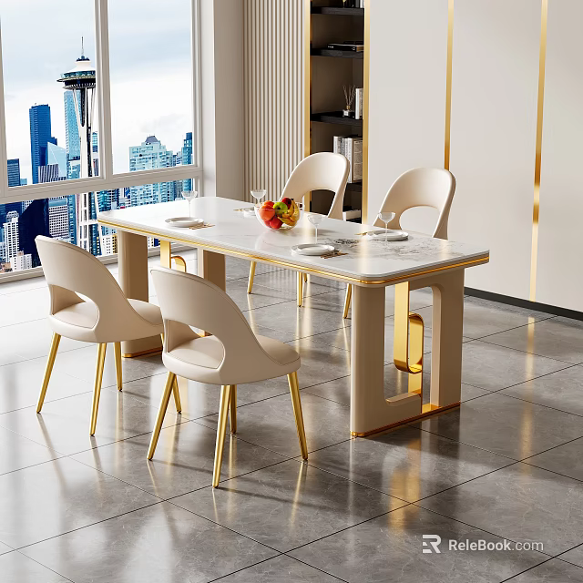 Elegant Modern Dining Table Set With Beige Chairs Golden Legs And Marble Top 3d model 