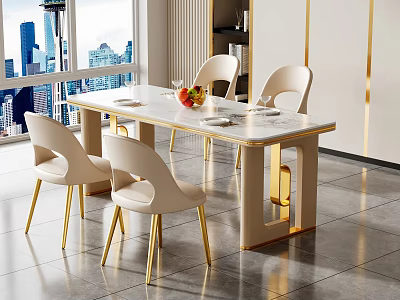 Elegant Modern Dining Table Set With Beige Chairs Golden Legs And Marble Top 3d model