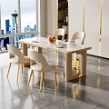 Elegant Modern Dining Table Set With Beige Chairs Golden Legs And Marble Top