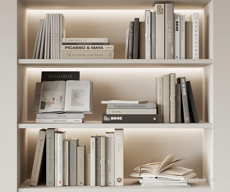 Books And Magazines On Lighted White Bookshelf With Stacked And Standing Arrangement 3d model 