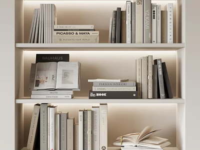 Books And Magazines On Lighted White Bookshelf With Stacked And Standing Arrangement 3d model