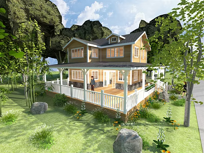 Two Story Detached Villa With White Railings Green Lawn And Mountain View 3d model