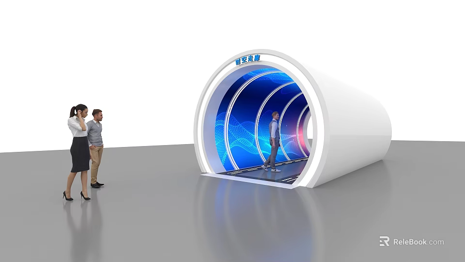 Futuristic White Tunnel With Blue Purple Light Effects Person Walking Inside And People Watching 3d model 
