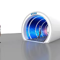 Futuristic White Tunnel With Blue Purple Light Effects Person Walking Inside And People Watching