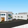 Modern Office Building With High Rise Buildings Entrance Palm Trees Canopy And Signage