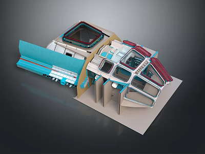 3D Architectural Model Featuring Modern Structural Design Transparent Panels And Blue Beige Components 3d model