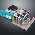 3D Architectural Model Featuring Modern Structural Design Transparent Panels And Blue Beige Components