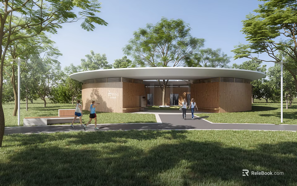 Modern Circular Wooden Community Building With Green Lawn And People Walking Nearby 3d model 