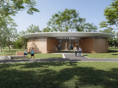 Modern Circular Wooden Community Building With Green Lawn And People Walking Nearby 3d model