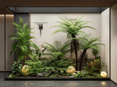 Indoor Greenery Display With Ferns Palm Plants Stone And Lighted Spheres In Glass Case 3d model