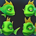 Green Cartoon Fish With Yellow Fins And Varied Expressions In Four Poses
