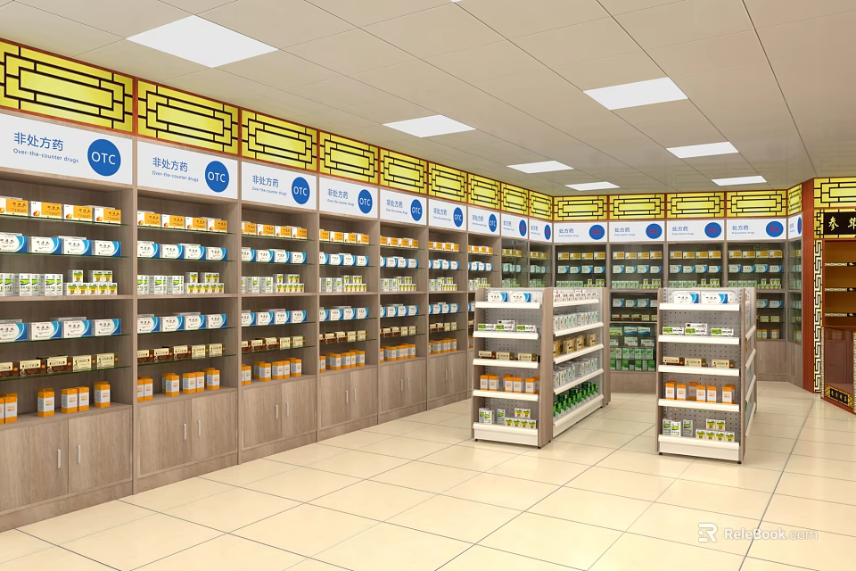 Pharmacy Store in Mall With Well Organized Shelves Various Medicines and Health Products 3d model 