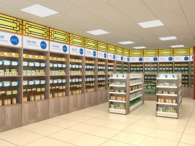 Pharmacy Store in Mall With Well Organized Shelves Various Medicines and Health Products 3d model