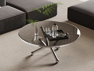 Modern Round Glass Coffee Table with Metal Legs and Plant Vase in Living Room 3d model