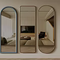 Three Wall Mounted Mirrors Arched Rectangular Oval Shapes Reflect Interior With Sofa TV Chair