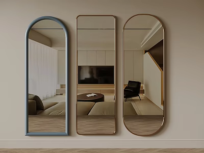 Three Wall Mounted Mirrors Arched Rectangular Oval Shapes Reflect Interior With Sofa TV Chair 3d model