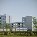 Modern Multi Story Office Building With Large Windows Surrounded By Trees Greenery And Lawns