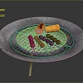 Round Metal Outdoor Grill With Skewered Sausages And Corn On Rack