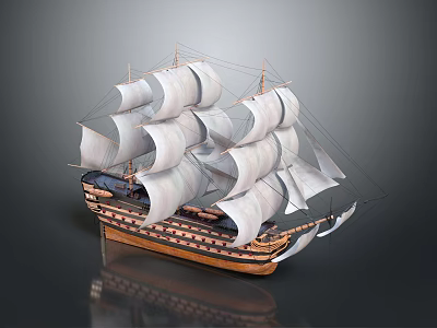Detailed Sailing Ship Model With Multiple White Sails And Striped Wooden Hull 3d model