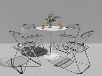 Modern Dining Table And Chairs Set With Transparent Seats Chrome Frame And White Top 3d model