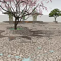 Circular Plaza Landscape With Cobblestone Ground Central Pink Flowering Tree And Surrounding Pavilions