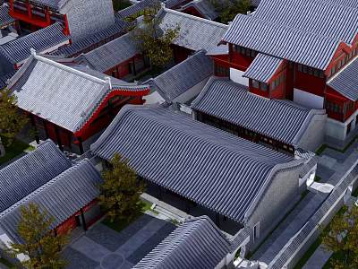 Traditional Chinese Ancient Architecture With Classic Grey Roofs Red Walls And Courtyard Trees 3d model