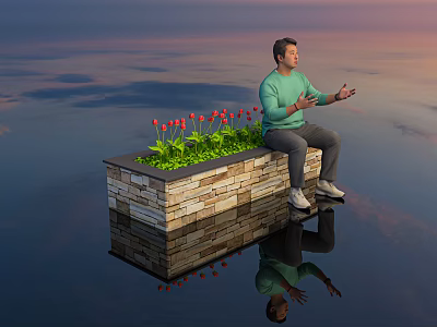 Serene Park Landscape With Stone Flower Bed Red Flowers Green Plants And Water Reflection 3d model