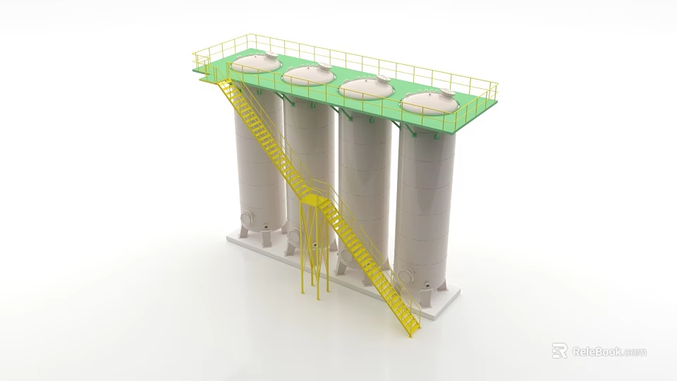Industrial Equipment Featuring Four Silver Cylindrical Tanks With Yellow Ladders And Green Top Platform 3d model 