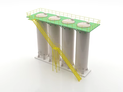 Industrial Equipment Featuring Four Silver Cylindrical Tanks With Yellow Ladders And Green Top Platform 3d model