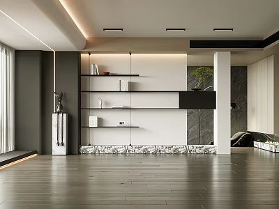 Modern Open Shelf Bookshelf In Living Room With Decorative Items And Potted Plant 3d model